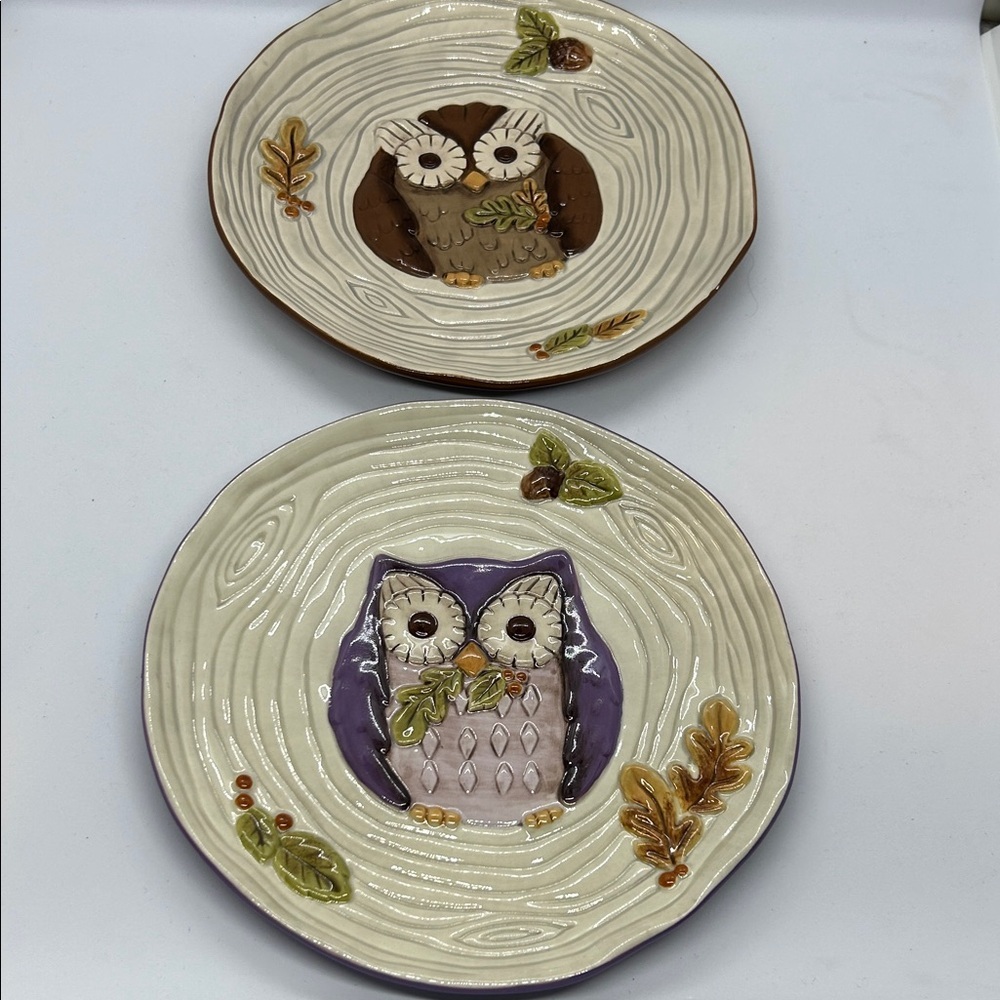 Grasslands Road OWL PLATES Woodgrain Tree Stump Leaves Set of 2 NEW WITH TAG - Picture 1 of 8